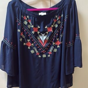 LOFT XL Navy Embroidered Women's Top